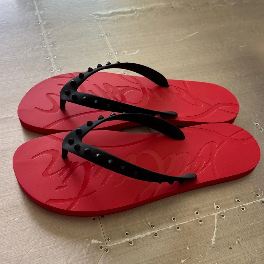 Christian Louboutin loubi flip flat thong sandal spike black red sz 46